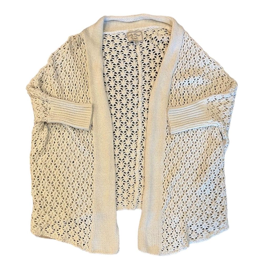 Lucky Brand Crochet Open Cardigan, Long, Cream, Size Medium